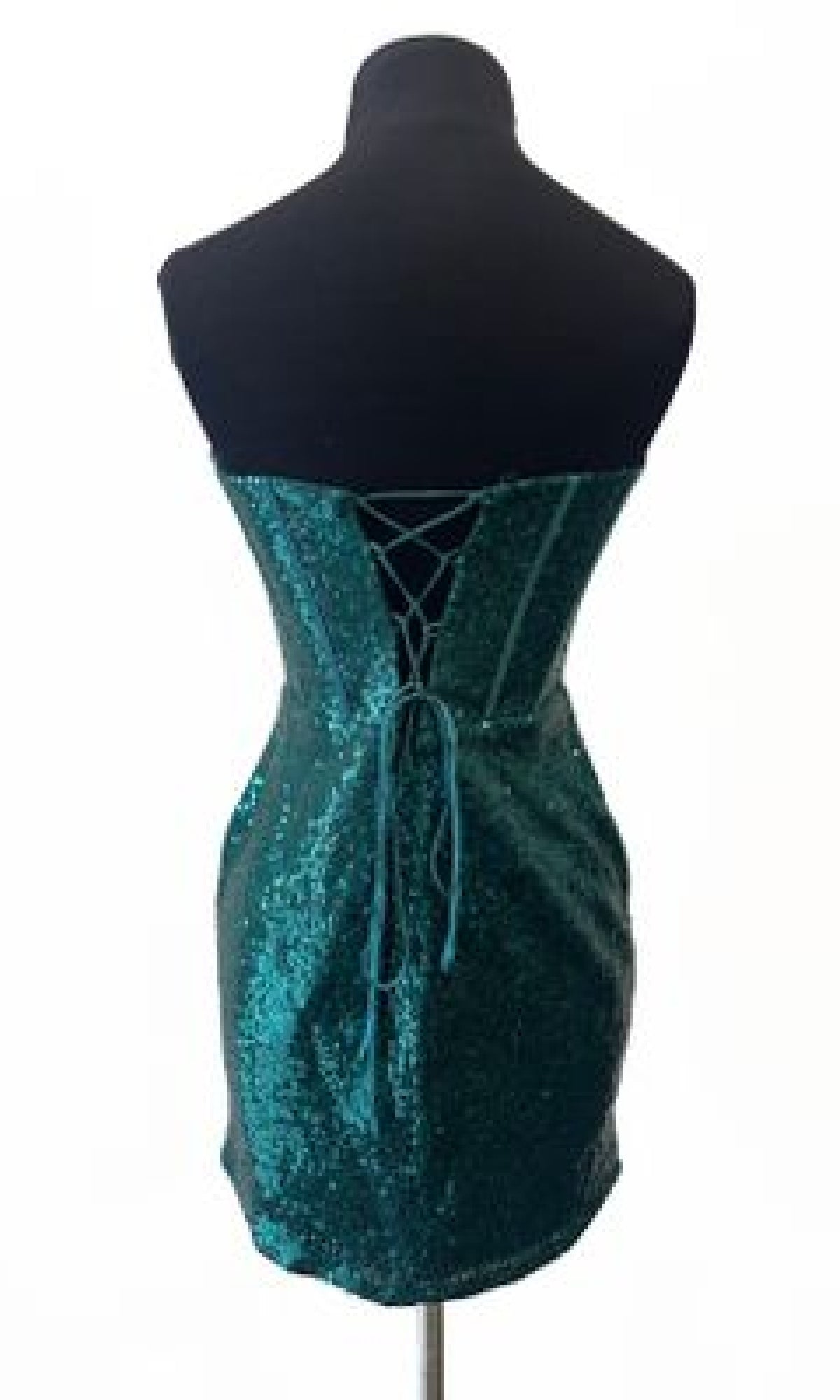 Short Green Sequin Hoco Dress: Aerie Couture 819, shown strapless on a mannequin with a lace-up backโperfect as a sparkling sequin homecoming dress for your next event.